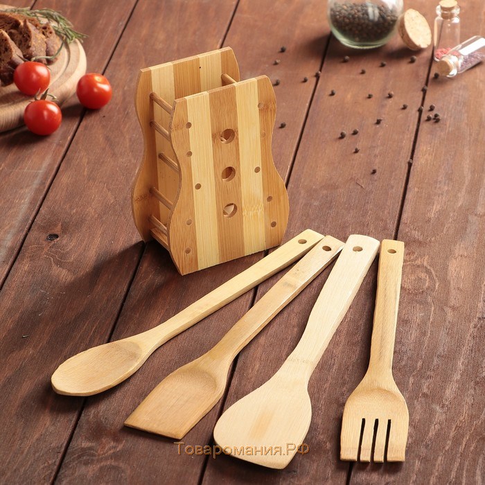 Набор кухонных принадлежностей «Бамбук», 4 предмета, на подставке