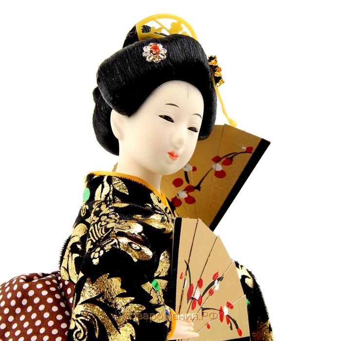 Кукла коллекционная "Гейша в черно-золотом кимоно с веерами" 40 см