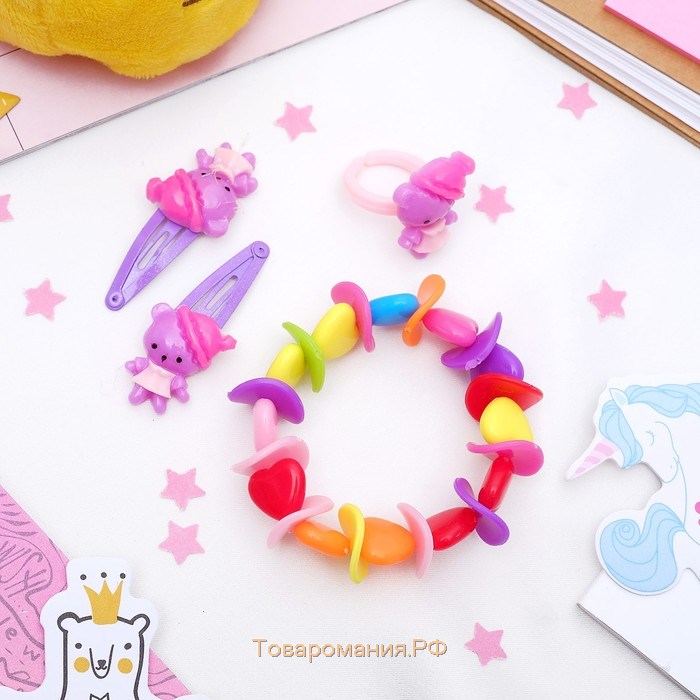 Комплект детский «Выбражулька» 4 предмета: 2 заколки, браслет, кольцо «Горошек», форма МИКС, цвет МИКС