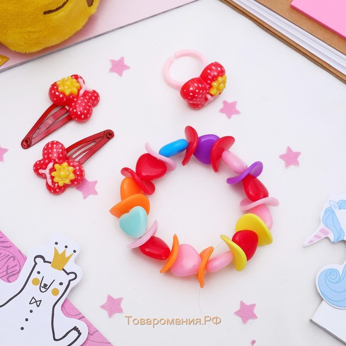 Комплект детский «Выбражулька» 4 предмета: 2 заколки, браслет, кольцо «Горошек», форма МИКС, цвет МИКС