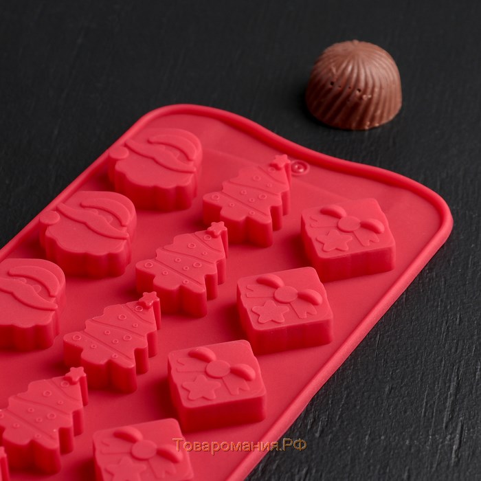 Форма для конфет и шоколада «Новый год», силикон, 21×10,5 см, 15 ячеек, цвет бирюзовый