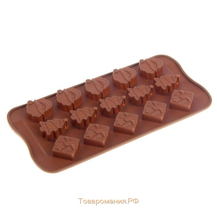Форма для конфет и шоколада «Новый год», силикон, 21×10,5 см, 15 ячеек, цвет бирюзовый