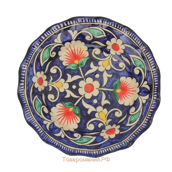 Конфетница Риштанская Керамика "Цветы", 14 см, синяя