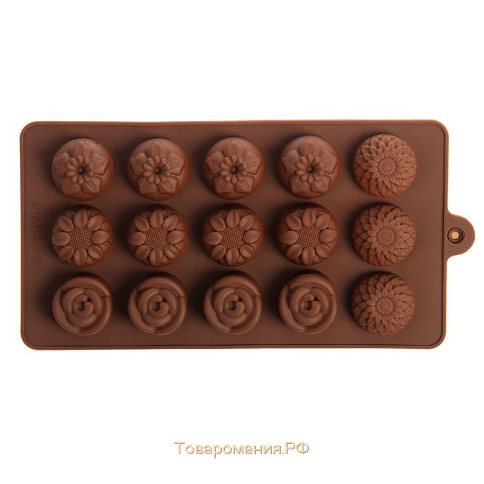 Форма для конфет и шоколада «Клумба цветов», силикон, 20,5×10,5×1,5 см, 15 ячеек, цвет коричневый