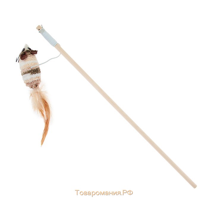 Дразнилка с махровой мышкой (7 см) на деревянной палочке, 40 см, микс цветов