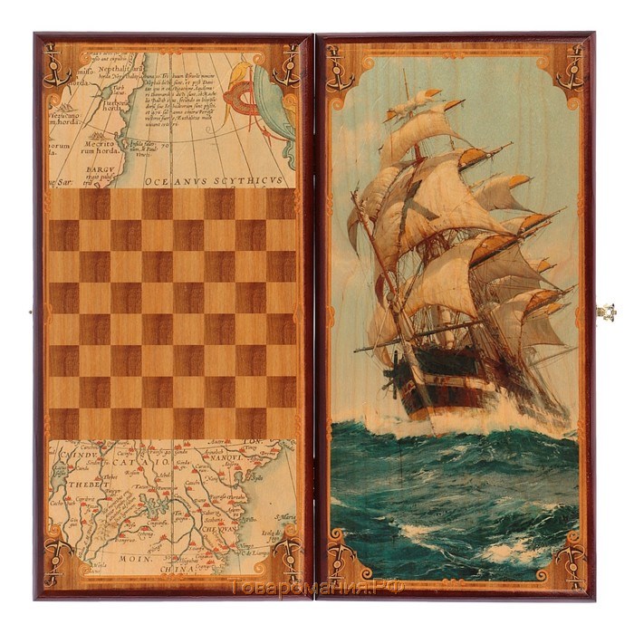 Нарды деревянные большие, настольная игра "Морские", 40 х 40 см, с шашками