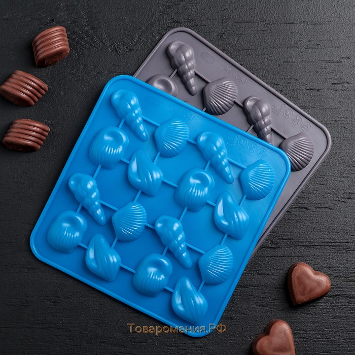 Форма для конфет и шоколада «Ракушки», силикон, 17,3×17,3 см, 16 ячеек (3,4×2,5 см), цвет МИКС
