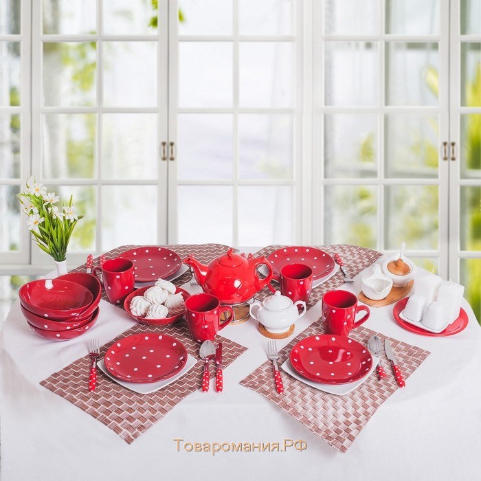 Набор тарелок керамических «Красный горох», 18 предметов: 6 тарелок d=19 см, 6 тарелок d=27 см, 6 мисок d=19 см, цвет красный