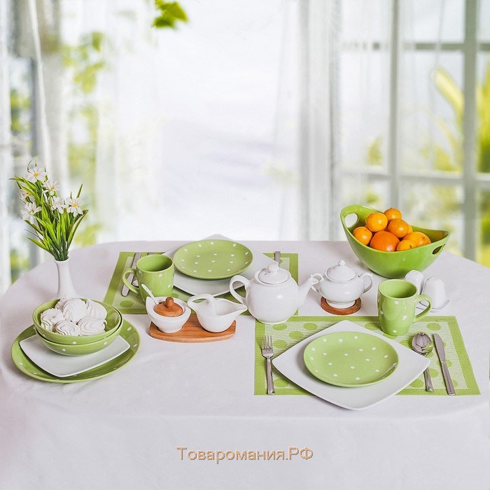 Набор тарелок керамических «Зелёный горох», 18 предметов: 6 тарелок d=19 см, 6 тарелок d=27 см, 6 мисок d=19 см, цвет зелёный