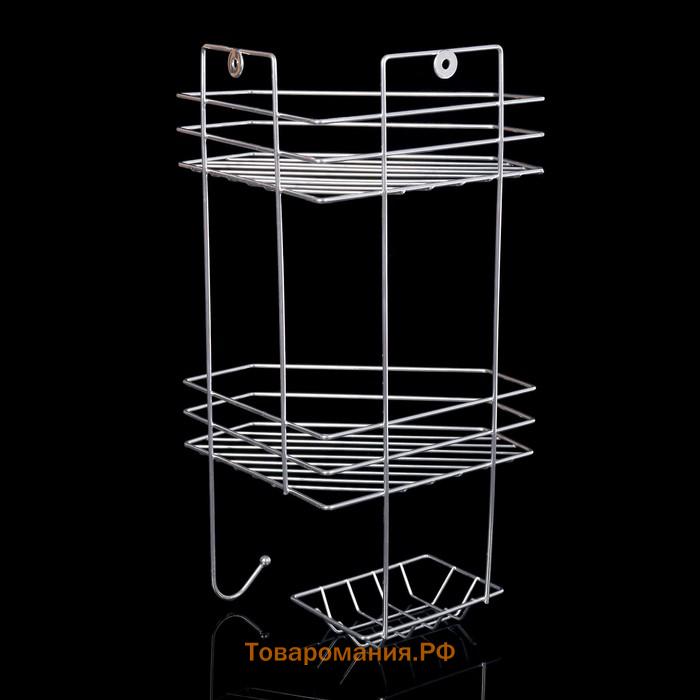 Полка угловая с мыльницей и вешалкой 2-х ярусная, 25,5×42,5 см, цвет хром