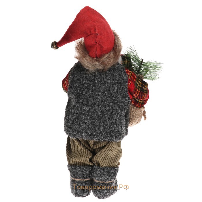 Дед Мороз "В клетчатой шубке, с фонариком и мешком" 30 см
