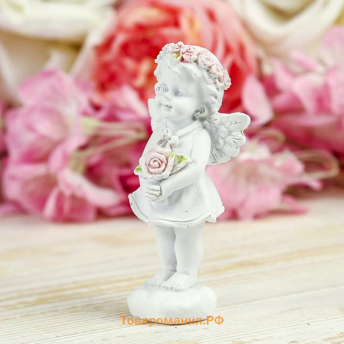 Сувенир полистоун "Ангел-девочка в розовом венке с розами" МИКС 10х5,2х3,3 см