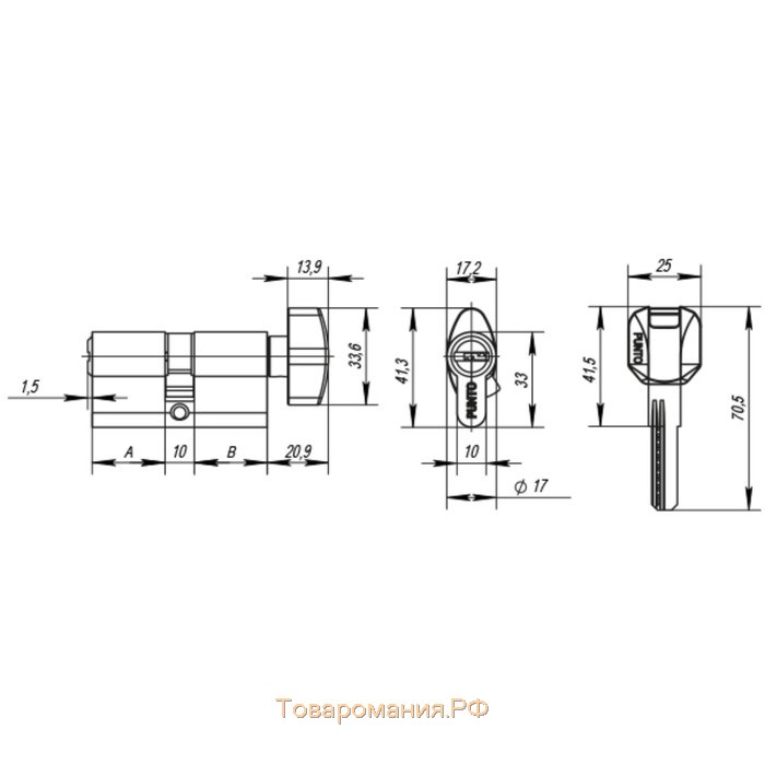 Цилиндровый механизм Punto Z402/80 PB, с вертушкой, 35х10х35 мм, 5 ключей, цвет латунь