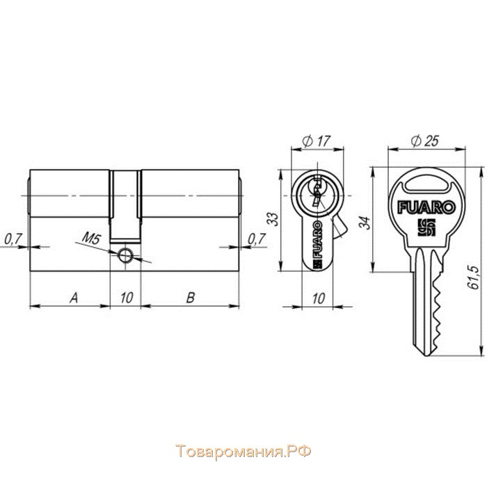 Цилиндровый механизм Fuaro R300/60 (25х10х25) CP, 5 ключей, цвет хром