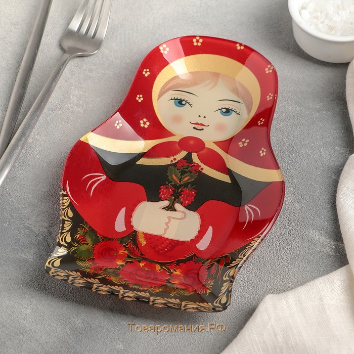 Блюдо стеклянное сервировочное «Матрёшка в красном», 20,4×13,5×1,8 см, цвет красный