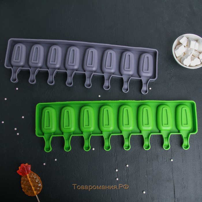 Форма для мороженого «Эскимо», силикон, 42×12 см, 8 ячеек (6,8×3,8 см), цвет МИКС