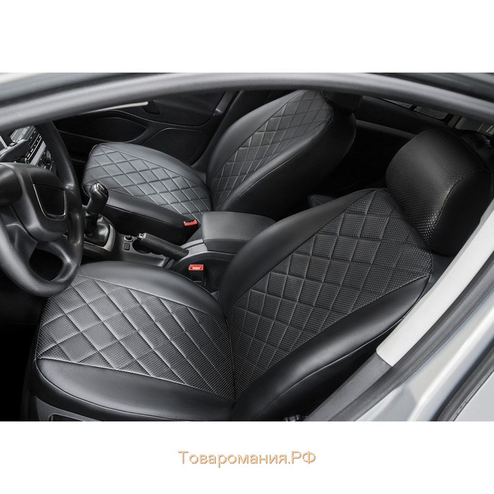 Авточехлы Rival Ромб, задняя спинка раздельная 40/60, Hyundai ix35 2010-2015, эко-кожа, черные, SC.2305.2