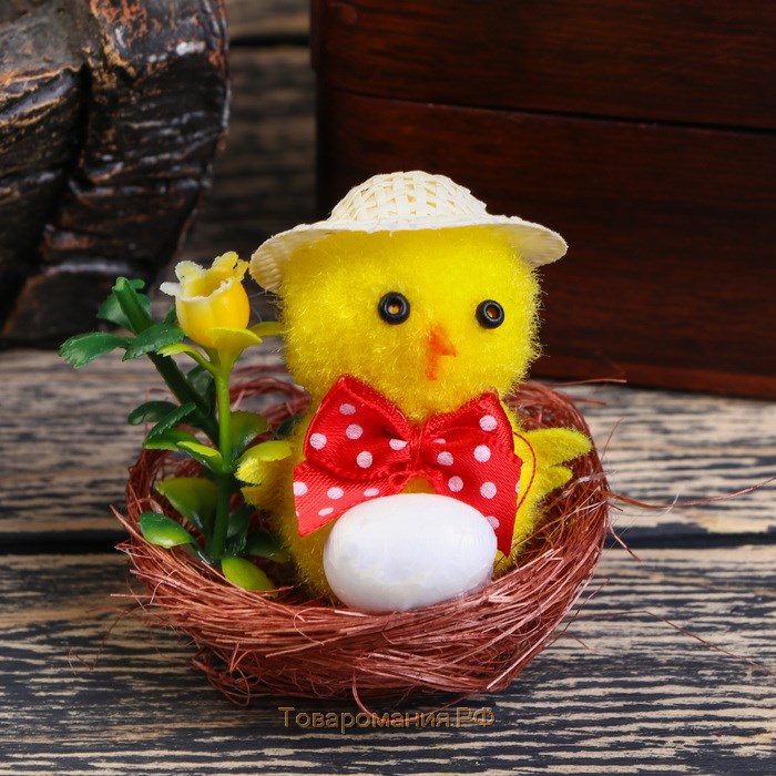 Сувенир пасхальный "Цыплёнок в шляпке в гнезде с цветком" набор 6 шт 3х4х4 см