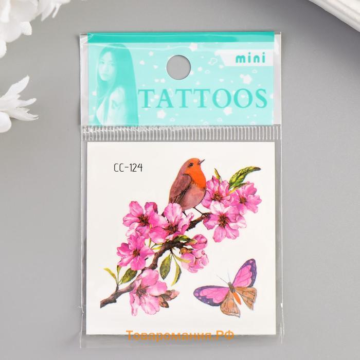 Татуировка на тело цветная "Шиповник и птичка с бабочкой" 6х6 см