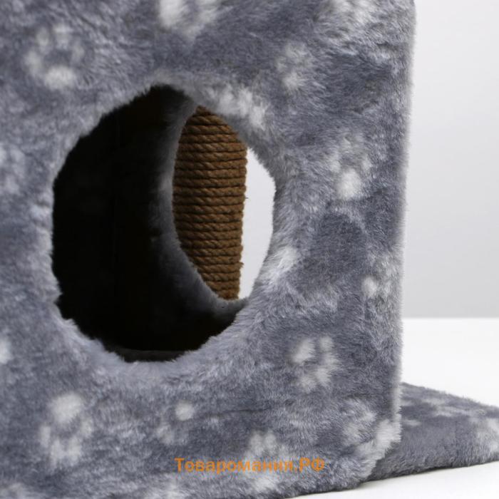 Домик для кошек с когтеточкой, двухэтажный, с окошками, 50 х 36 х 75 см, серая с лапками