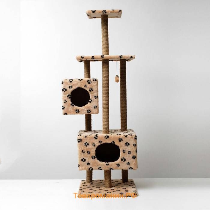 Домик для кошек с когтеточкой, с площадкой и полкой, 65 х 51 х 173 см, серая с лапкам
