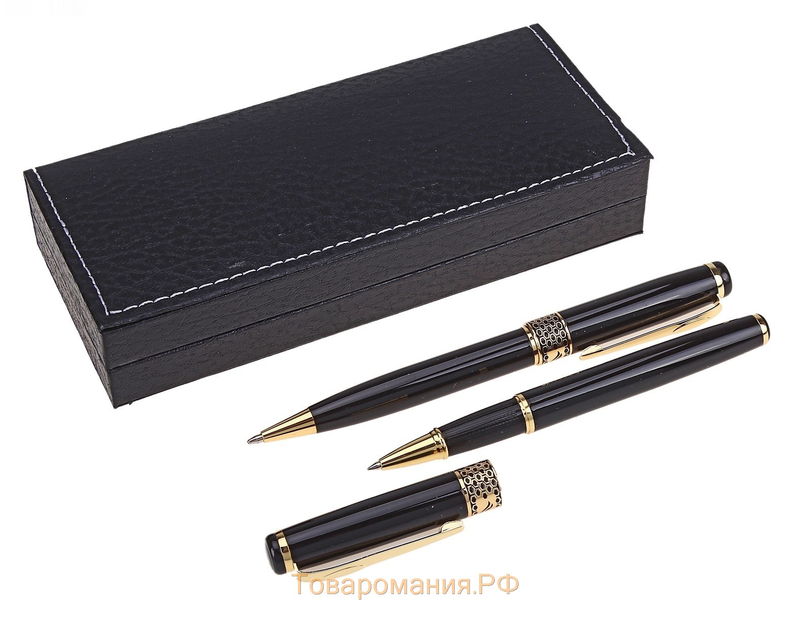 Ручки подарочные Calligrata "Империя", 2 штуки: капиллярная, шариковая поворотная, в кожзам футляре, чёрные