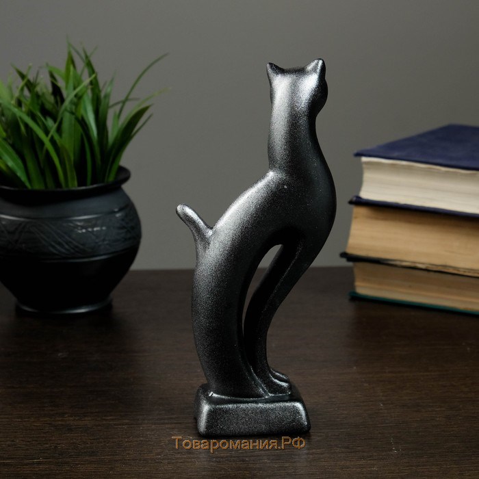 Фигура "Кошка Рысь" чёрная с серебром 7х5х21см