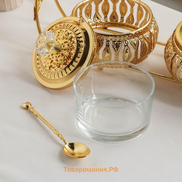Сахарницы «Бонжур», с ложками, на подставке, набор 2 шт., металл, золотистые