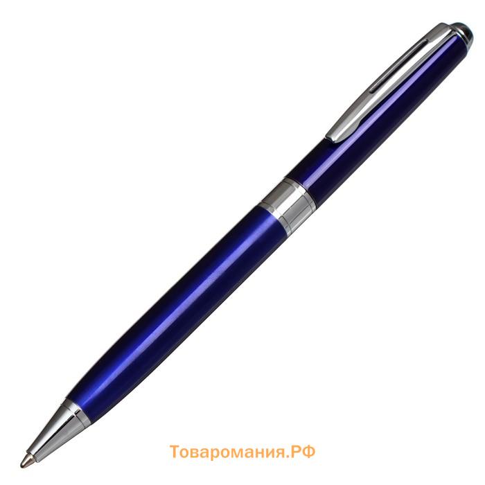 Ручка подарочная шариковая в кожзам футляре, поворотная New, корпус синий с серебром