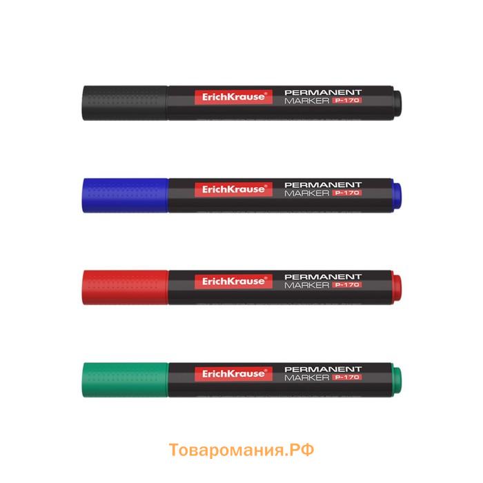 Набор маркеров перманентных ErichKrause P-170, 4 штуки, 2.0 мм, чернила на спиртовой основе, чёрный, синий, красный, зелёный