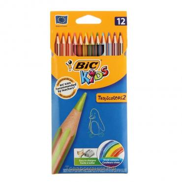 Карандаши 12 цветов, детские, шестигранные, BIC Kids Tropicolors, пластиковые, ударопрочный грифель 3.2мм, картонная упаковка