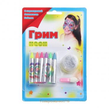 Грим-карандаши и блёстки для лица и тела: 6 неоновых цветов + аппликатор