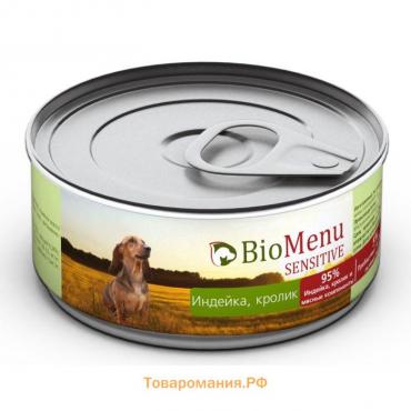 Консервы BioMenu SENSITIVE для собак индейка/Кролик 95%-мясо , 100гр