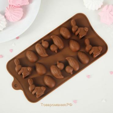Форма для конфет и шоколада «Зайцы, утки и яйца», силикон, 22×10,2×1,4 см, 14 ячеек, цвет коричневый
