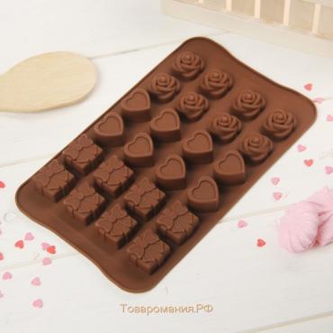 Форма для конфет и шоколада «Подарок, сердце, роза», силикон, 23,2×13,8×1,1 см, 24 ячейки (2,6×2,6×2 см), цвет МИКС