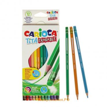 Карандаши 12 цветов, Carioca "Tita Erasable", стираемые, пластик, шестигранные, грифель 3.0 мм, яркие цвета и плавное письмо, европодвес