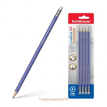 Набор чернографитных карандашей с ластиком 4 штуки ErichKrause "Grafica 101", HB, грифель d=2.2 мм, дерево, шестигранные в блистере, синий корпус