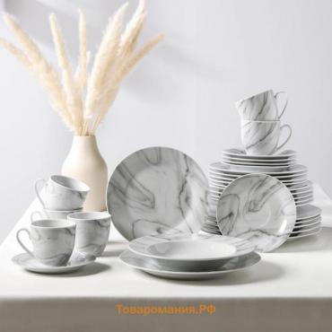 Набор керамической посуды «Мрамор», 24 предмета: тарелки d=19/21/24 см, чайная пара 200 мл, цвет серый