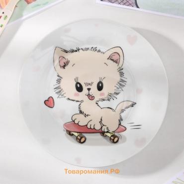 Детская тарелка  «Котёнок на скейте», d=17.5 см, керамика, белая