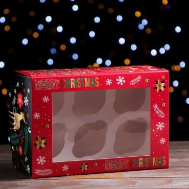 Упаковка на 6 капкейков с окном "Merry Christmas", 25 х 17 х 10 см