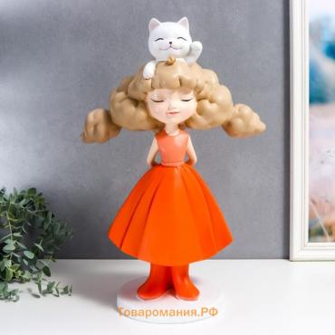 Сувенир полистоун "Девочка с котиком в прическе, в оранжевом" 46 см