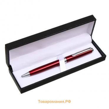 Ручка подарочная шариковая в кожзам футляре, поворотная, New, корпус бордо с серебром