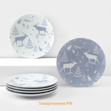 Набор фарфоровых тарелок «Зимний лес», 6 предметов, d=24 см, микс